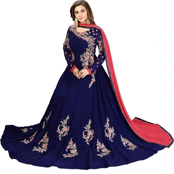 Elegant Navy Blue Floral Embroidered Dress - Picture 3 of 4